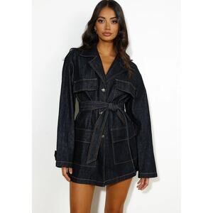 NWOT Lioness Giselle Dark Denim Mini Dress Size XS Belted Long Sleeve Utility